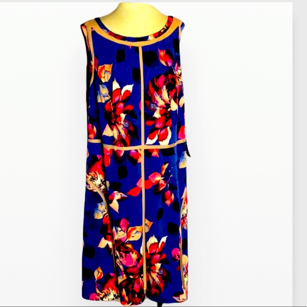 Adrianna Papell Royal Blue Floral Midi Dress with Pink & Yellow Accents